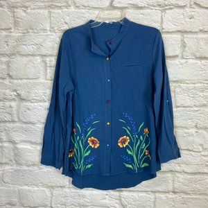 WOMENS BLOUSE Size XL Aegean Color Floral Printed Design Multi Colored Buttons